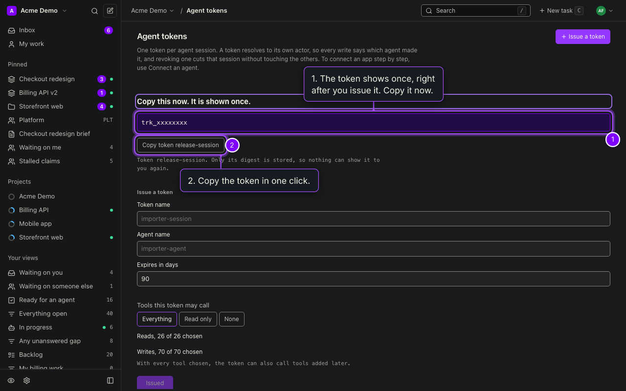 Agent tokens page scrolled to the form that issues a token and the table of issued tokens.