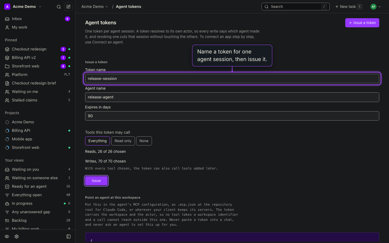 Agent tokens page with the MCP configuration block, left blank in this image, and a button to copy it.