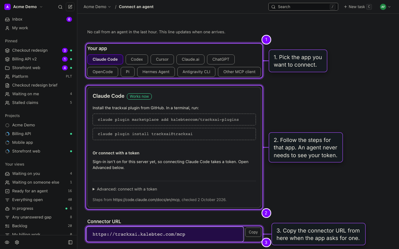 Connect an agent page with a list of apps, the steps for the first app and a connector URL box left blank in this image.