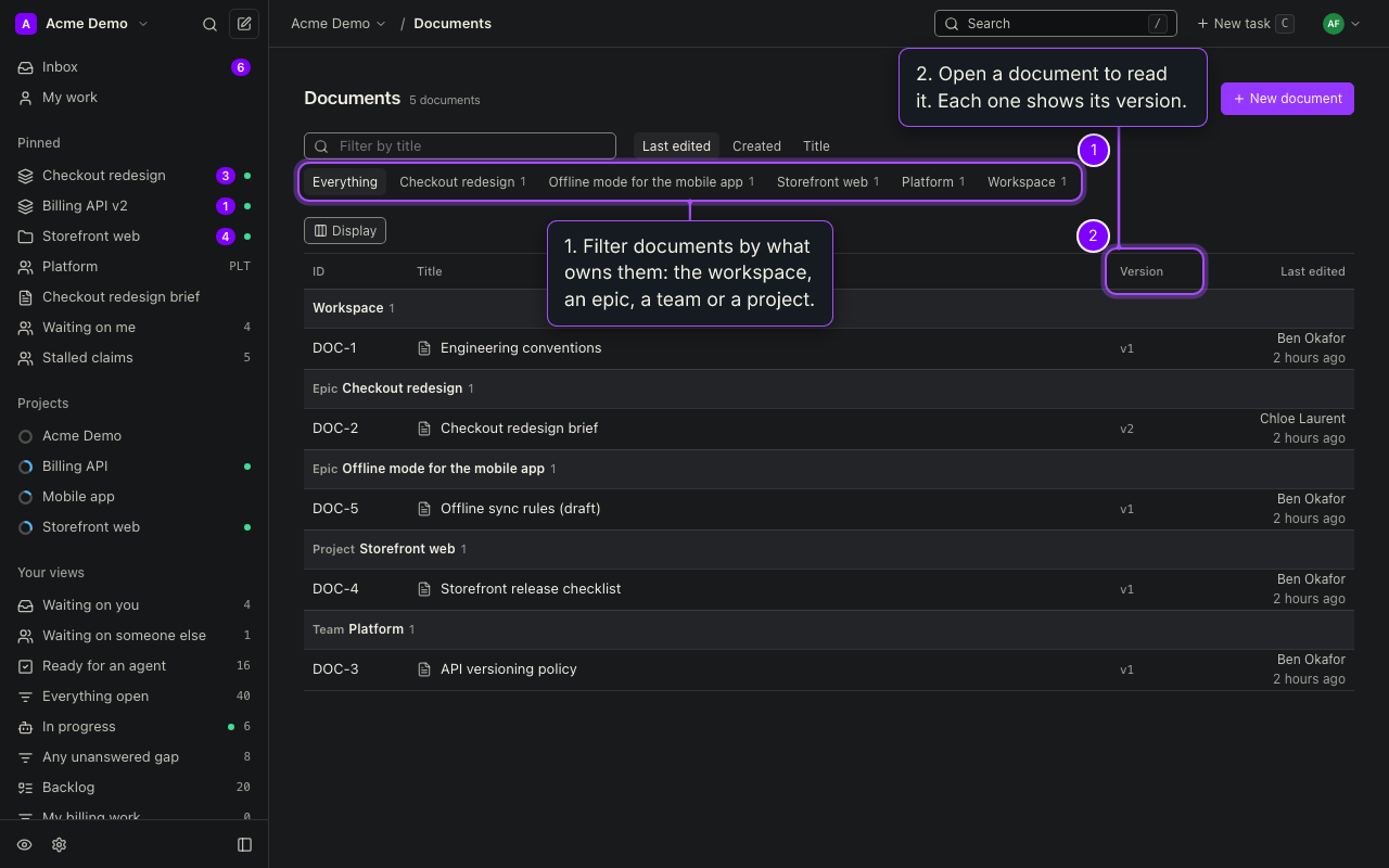 Documents index with scope filters and a table of documents and their versions.