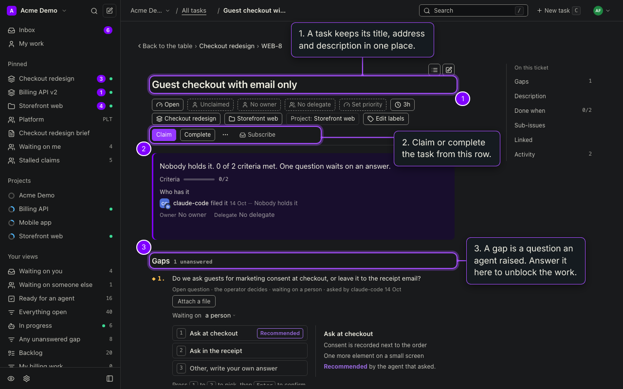 Task WEB-8 with its title, status and property pills, the Claim and Complete actions and the gaps an agent raised.