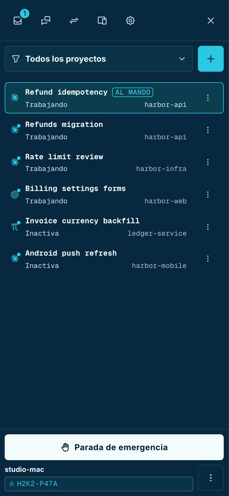 Una lista de seis sesiones en tres harnesses, cada una con su nombre, un estado de trabajando o en reposo y una carpeta de proyecto. Una está marcada como la sesión que se dirige.